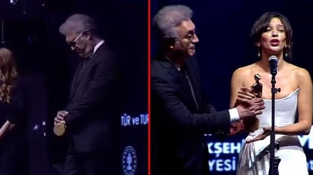 Altın Portakal'da Nihal Yalçın'ın konuşması sırasında Tamer Karadağlı'nın tavırları geceye damga vurdu