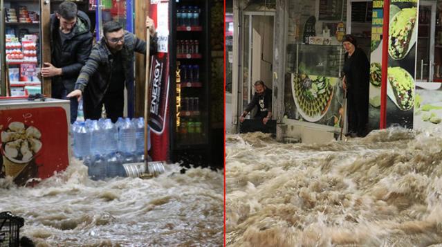 Gece yarısı patlayan su borusu şehrin altını üstüne getirdi! Caddeyi su bastı, haberi alan esnaf dükkanına koştu