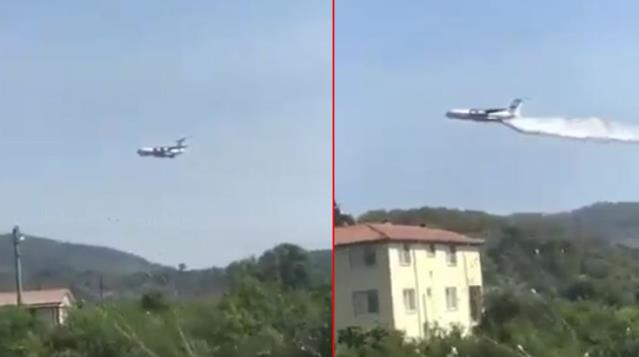 Rus uçağından orman yangınına tartışma yaratan müdahale! Suyu metrelerce uzağa bıraktı