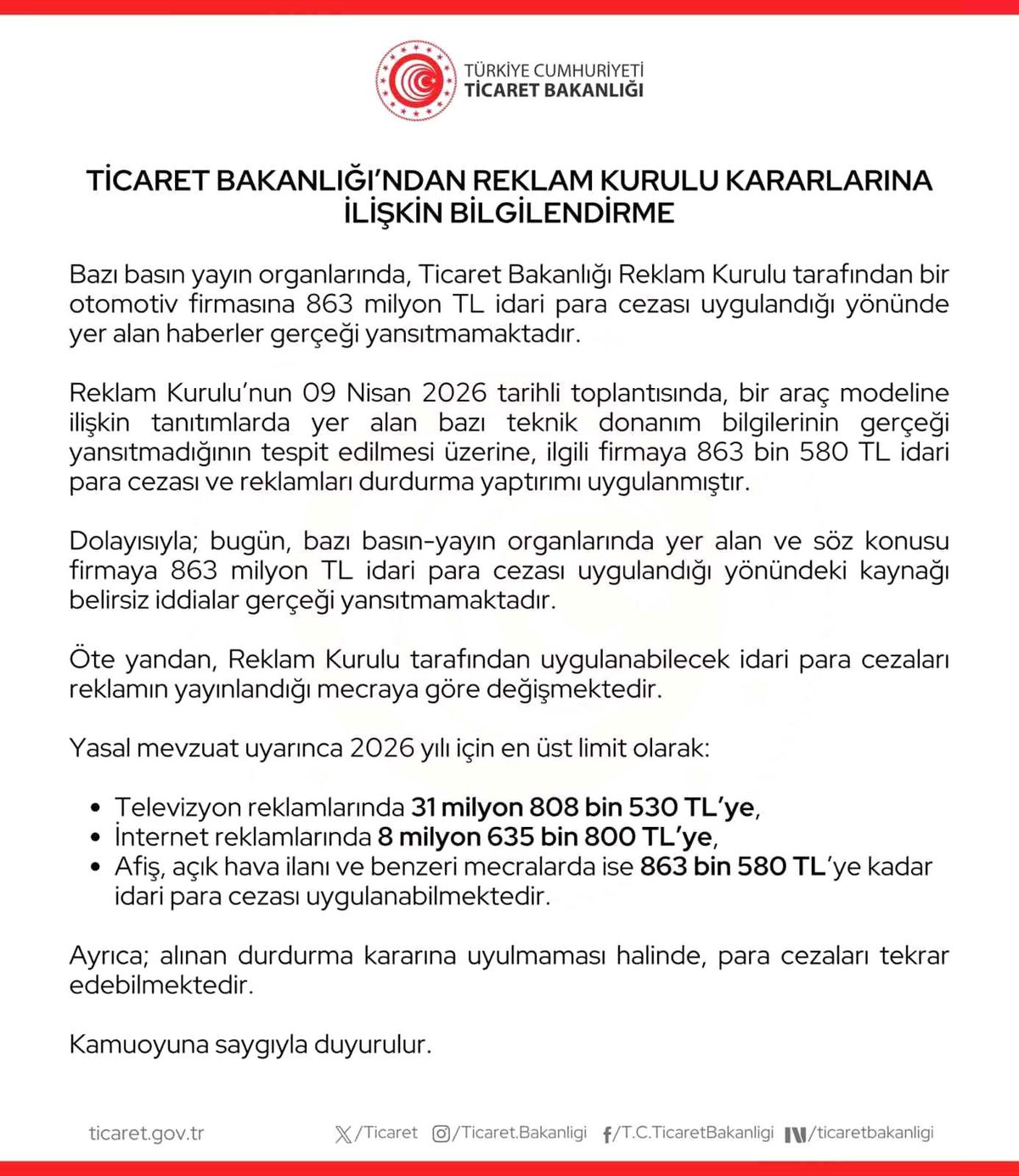 Ticaret Bakanlığı'ndan Ceza Açıklaması