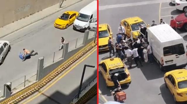 Yol verme kavgasında muştayla dayak yiyen taksi şoförünün arkadaşları ortalığı birbirine kattı